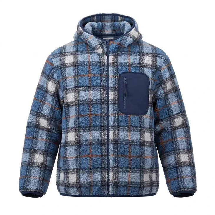 Chaqueta Teddy Sherpa con capucha y cierre completo a cuadros teñidos en hilo